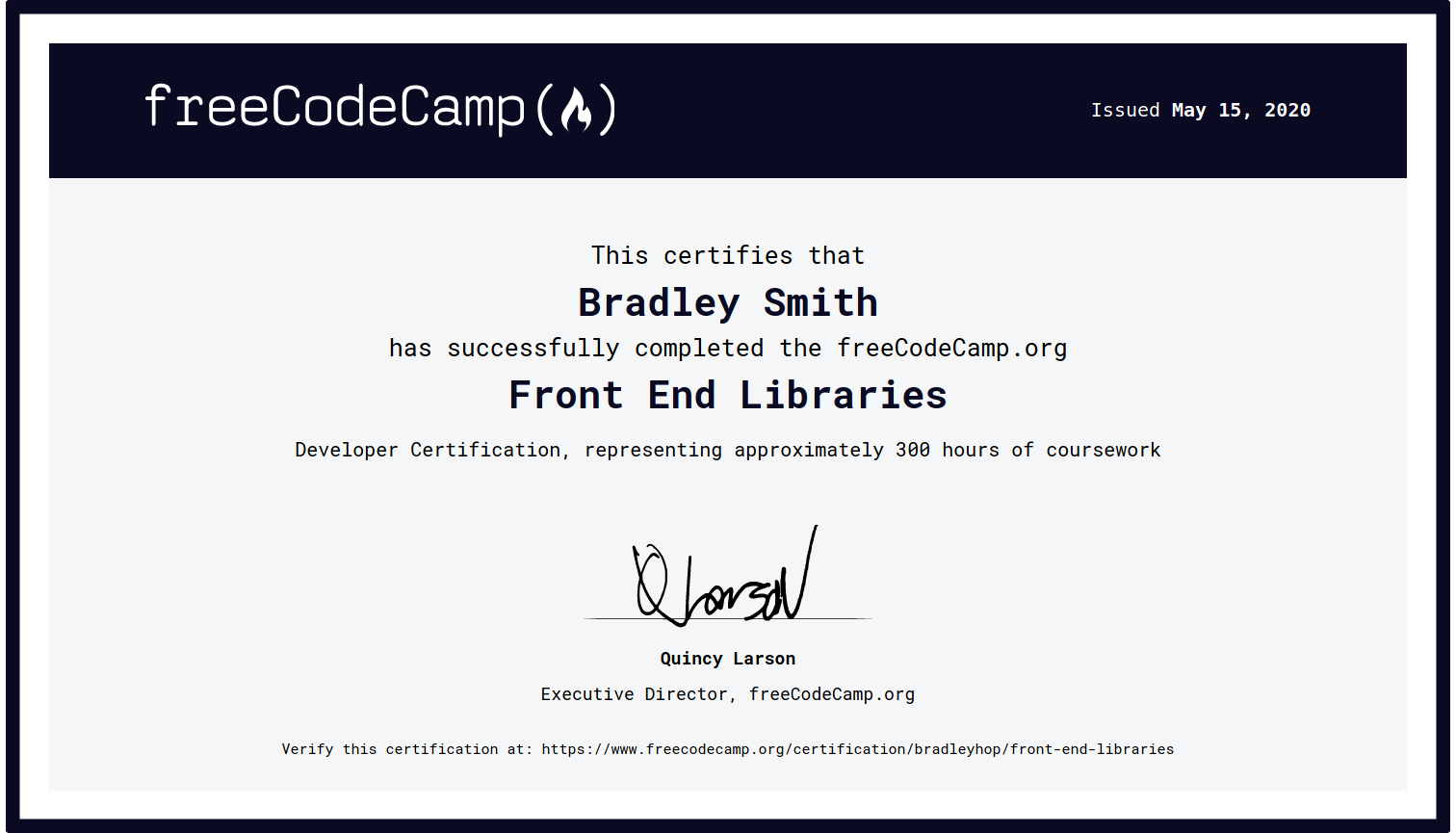 screenshot of front end libraries certificate