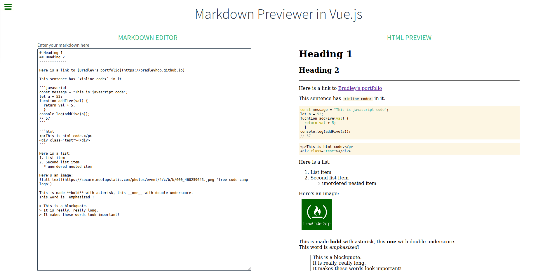 screenshot of markdown to html previewer
