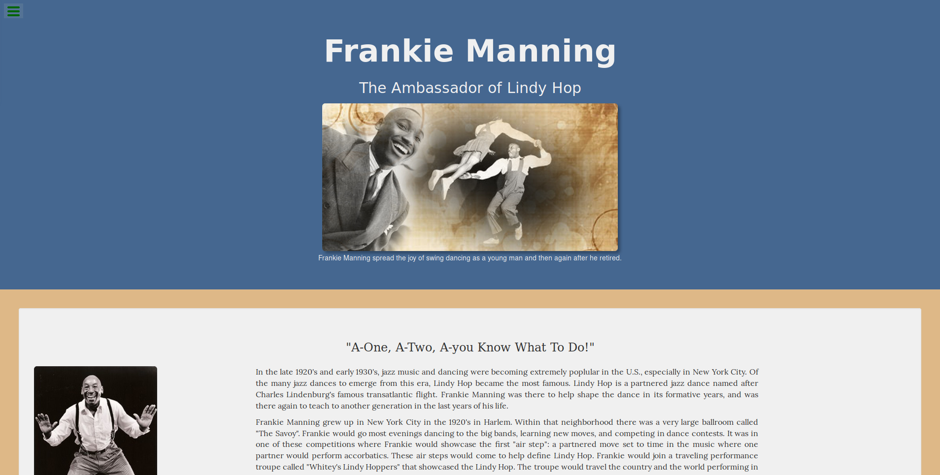 screenshot of tribute webpage to Frankie Manning